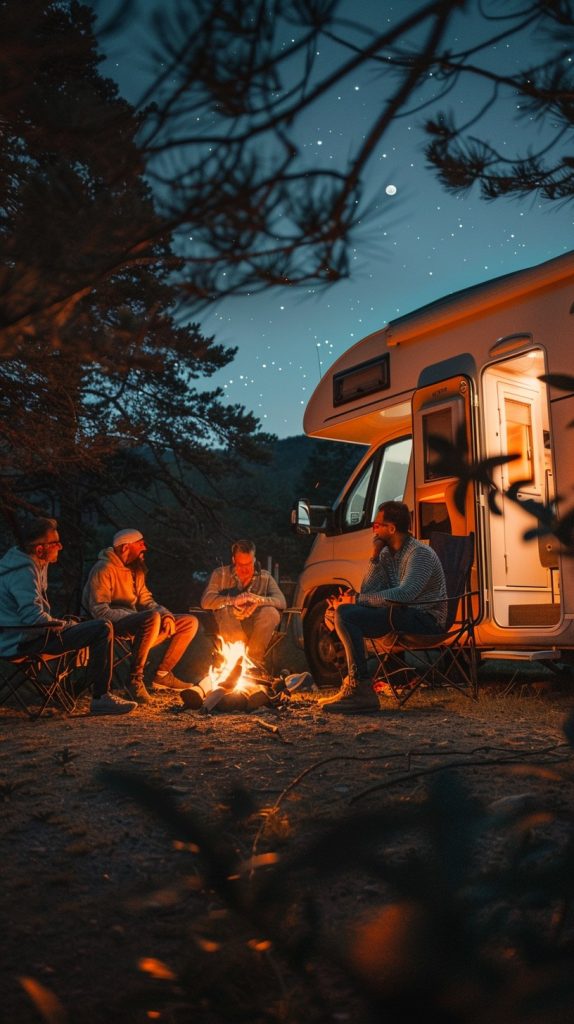 Four people sitting around a campfire at a campsite with their Class C motorhome.